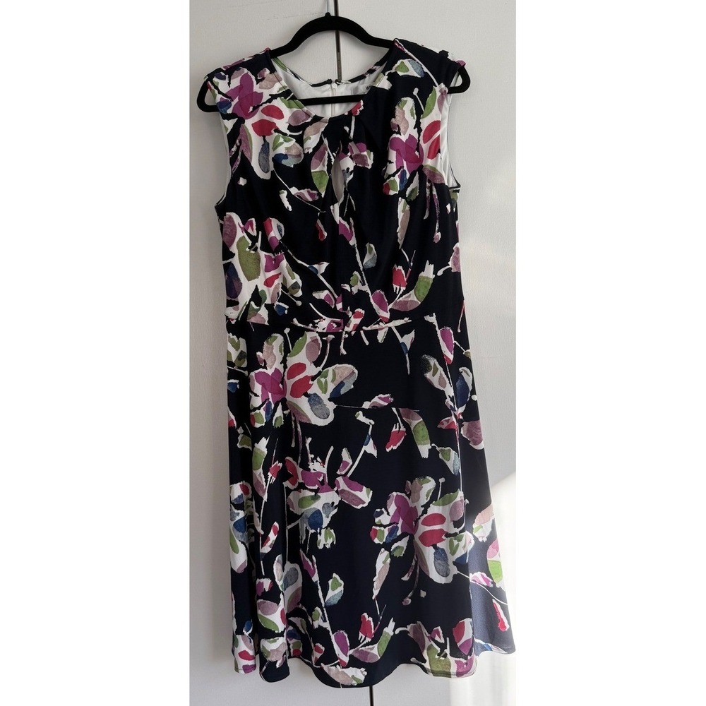 Wisp Ceena Jersey Dress Navy Floral Pleated Keyhole Sleeveless Size 14 92682-739